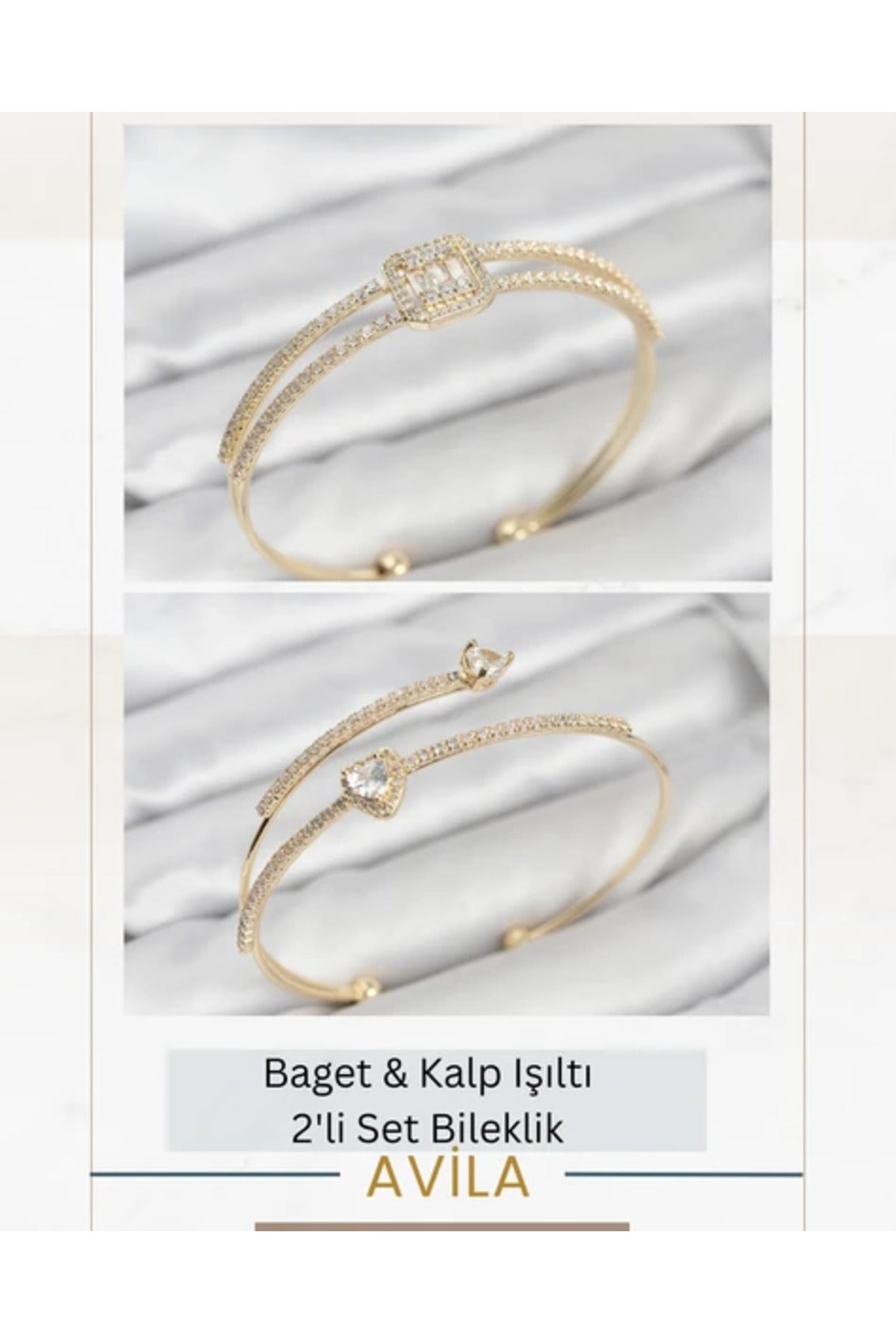 Kalp ve Baget Işıltısı Gold İkili Kadın Bileklik Seti