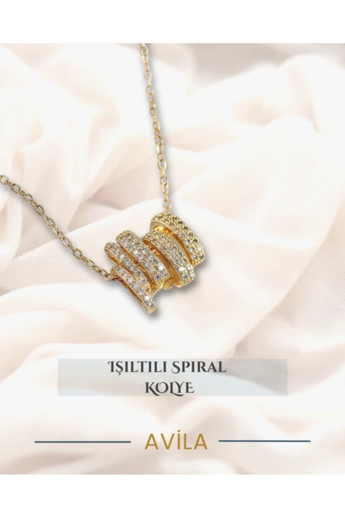 Çelik Zincirli Zirkon Taşlı Spiral Kolye Gold Renk Minimal Model