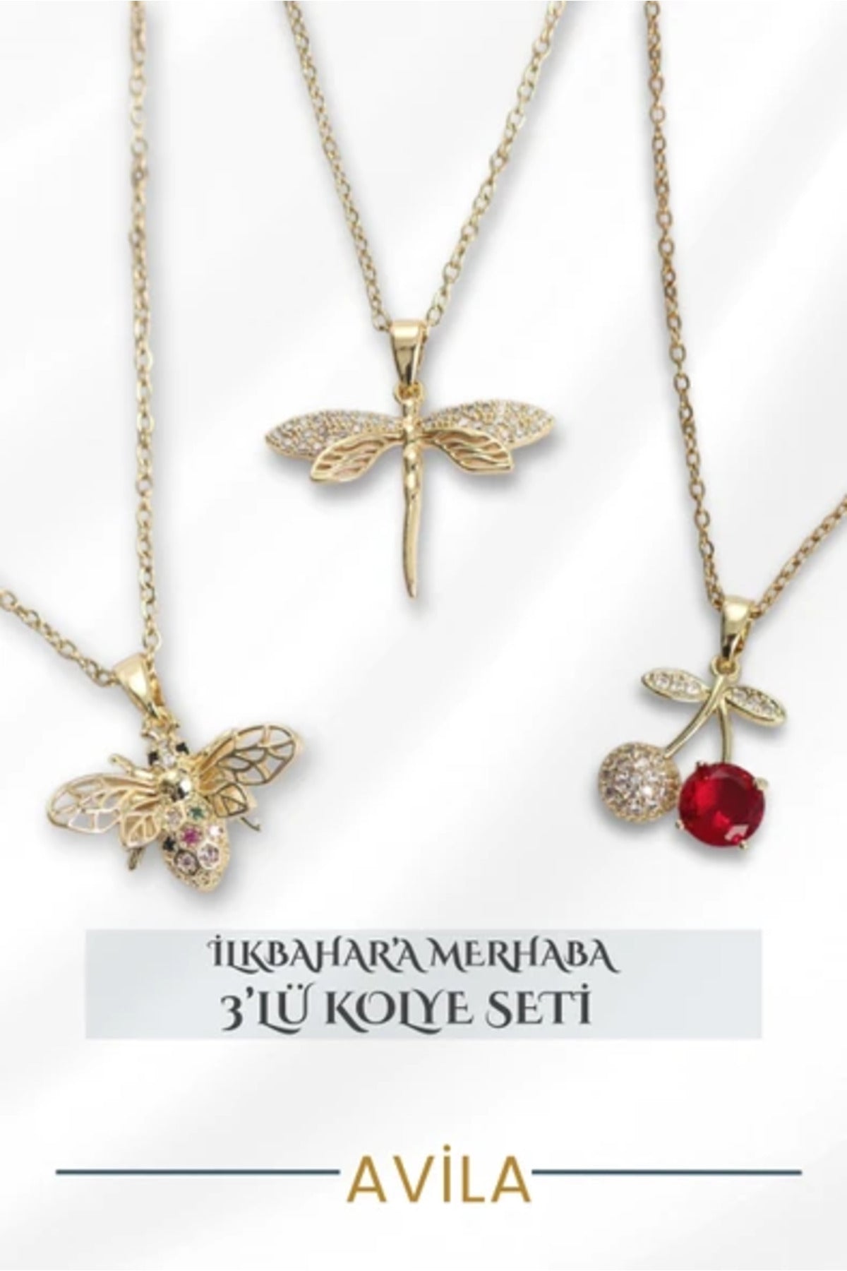 Yusufçuk Arı ve Kiraz Figürlü Çelik Zincir Kadın Kolye Seti