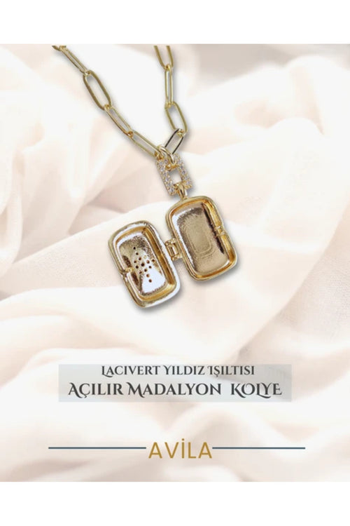 Açılır Madalyon Kolye Lacivert Mineli Yıldız Taş Detaylı