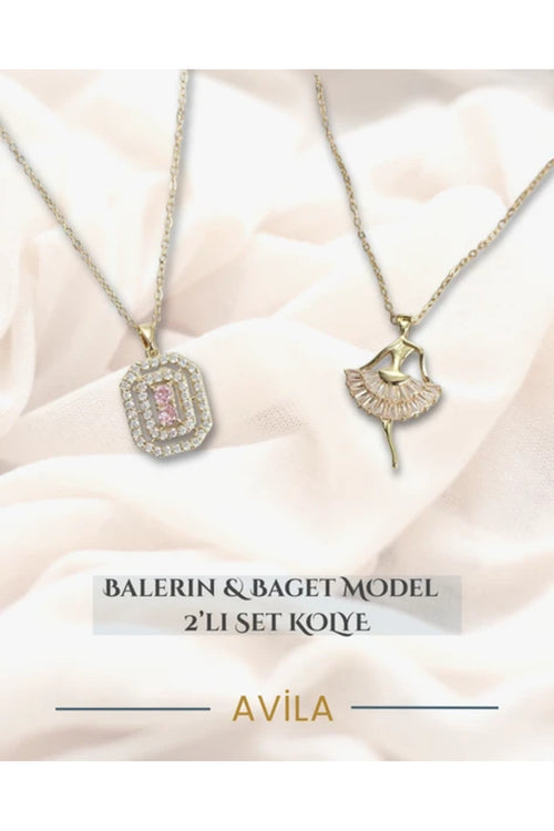 Çelik Zincirli 2’li Kolye Seti Balerin Figürlü ve Pembe Taşlı Baget Model